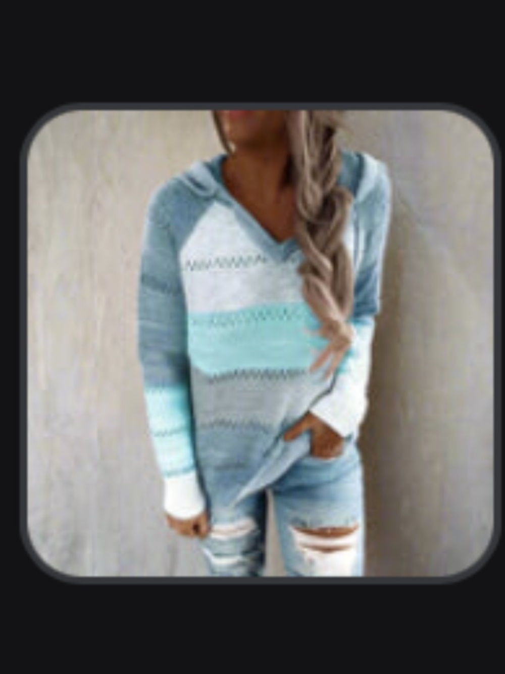 Boho Patchwork Pullover Sweater - Striped Knit Hooded in Aqua, White, and Grey